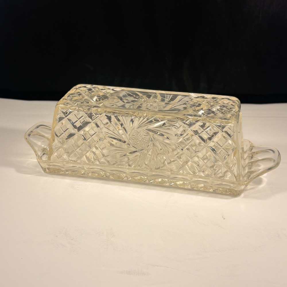 Clear Molded Plastic Faux Cut Crystal Covered Butter Dish – Starburst Diamond